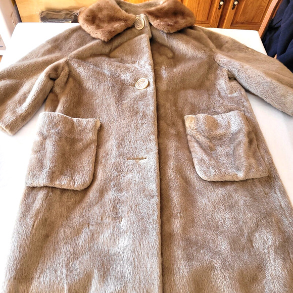 Vtg Brazotta Fur Collar Coat Tan 1950s Women’s M L Mad Men Classic Read 42" Long - Picture 2 of 15